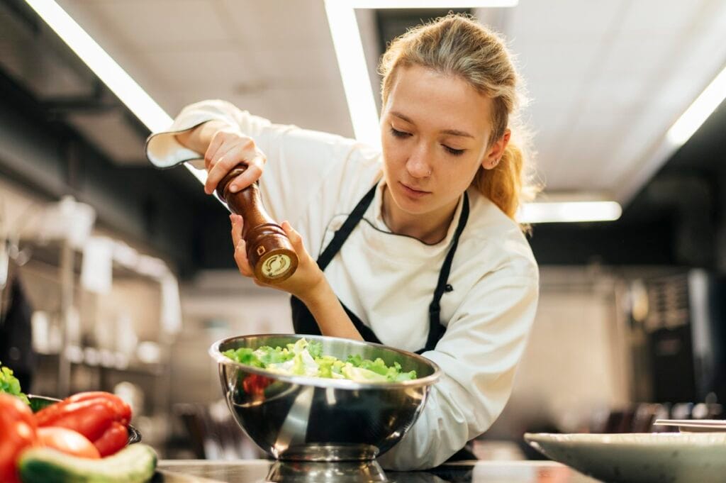 female-chef-seasoning-salad
