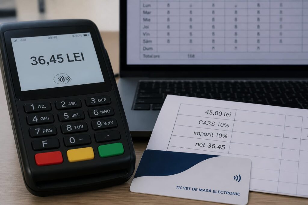 Un tichet de masă de 45 de lei aduce angajatului 36,45 lei net pe card în anul 2026